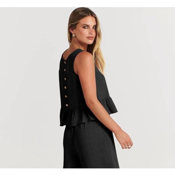 Prinbara Cropped Ruffle Tank Top Sleeveless Linen Blend Black XL - Picture 2 of 12